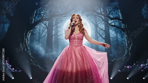 A young woman sings on an opera theater on stage
