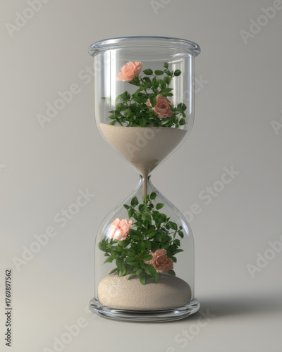 Remembrance Memorial Tribute Retro Concept, Floral terrarium remembrance hourglass captures memorial tribute with retro blooming garden and soft
