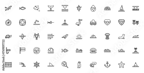 World Oceans Day icon set. Marine life vector illustations. Features scuba divr, whale, dolphin, shark, urtle, coral, sailboat, lihthouse, earth and more. Eitable stroke.