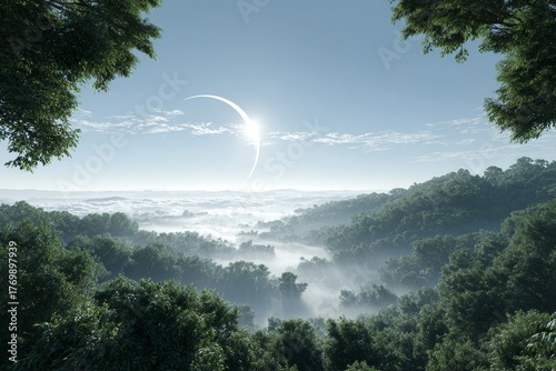A beautiful scene of an eclipse above a dense forest with mist filling the valleys under a clear blue sky.