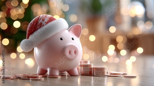 A pink piggy bank with Santa hat surrounded by coins, set against a festive background with blurred lights.