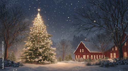 Christmas Eve Serenity: A Christmas tree lights up the snow-covered landscape on a cold winter night, casting a warm glow over a rustic home, creating a scene of peaceful winter charm and celebration.