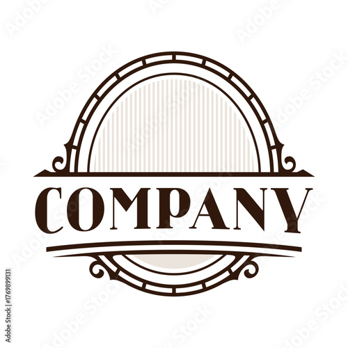 Vintage style logo with bold text, ornate circular frame, vertical lines, and elegant symmetrical flourishes