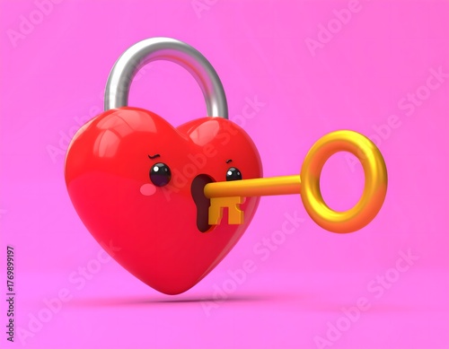 Cute 3D Cartoon Key Unlocking a Heart Character