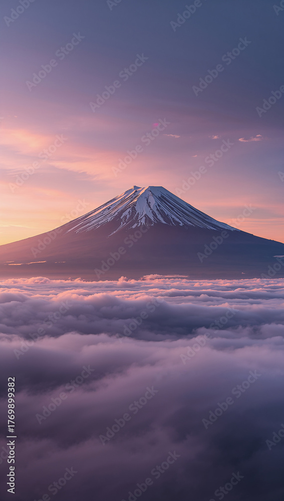 Fototapeta premium 雲海の上に姿を見せた富士山の稜線が初日の出の黄金色の光に染まり新しい年の幕開けと開運を象徴するような縦型構図の神秘的な日本の朝景を捉えたデザイン. 生成AI