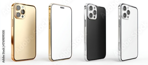 Four smartphones in gold, white, black, and silver showing back and front