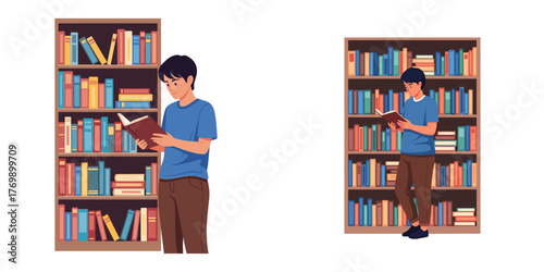 Person standing in a library reading book illustration set for education, learning and literature concept