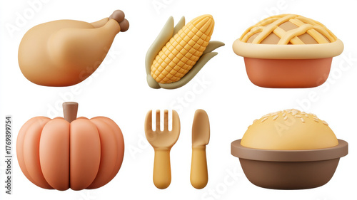 Thanksgiving 3D clipart Icon concept, Thanksgiving 3d clip art set icon thanks giving with pumpkin pie turkey corn pie wooden utensil food meal