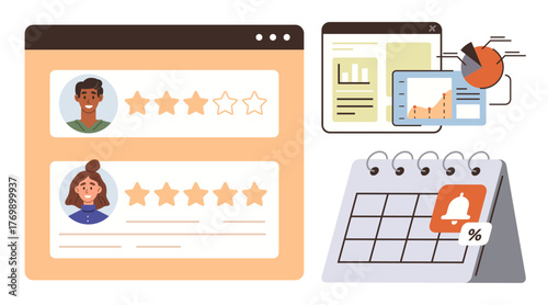 User ratings with star levels, data analytics with charts and reports, and calendar reminder icon. Ideal for feedback, scheduling, productivity, data tracking, customer satisfaction, time management