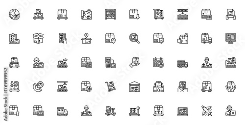 Logistic and Delivery icon set. Vector illustration.Includes symbols for parce, truck, warehouse, barcod, location, shipping, courer and more.