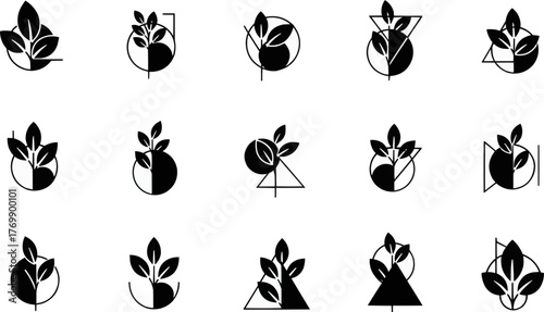 Vector icon set utilizing solid black and negative space to create abstract, geometric leaf and plant logos. Highly versatile for modern branding, packaging, and design elements.