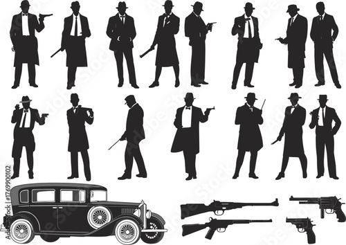 Gangster silhouettes, vintage mafia men, prohibition era crime, noir fashion, trench coat style, revolvers, rifles, classic car, mobster icons
