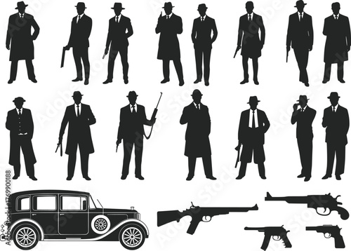 Gangster silhouettes, vintage mafia figures, noir crime scene, trench coat men, prohibition era weapons, mobster icons, retro car, firearms collection