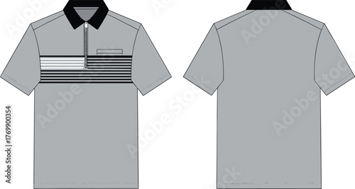 Gray polo shirt, black collar, stripe chest, pocket detail, front and back view, casual fashion, apparel design, textile mockup