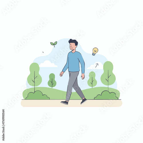 Man Walking Outdoors for Mental Clarity Vector Illustration
