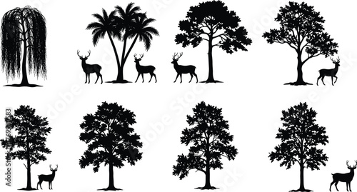 Tree silhouettes, deer silhouettes, wildlife vector, nature illustration, forest animals, seasonal trees, landscape design, ecological art, decorative pack, stock asset