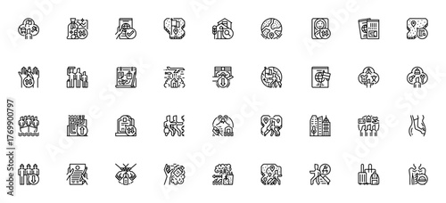 Migration icon set. Vector illustration. Includes sybols for worker, passport,economy, country, war, refgee, disaster, urban, labor, culture and more. Editale stroke.