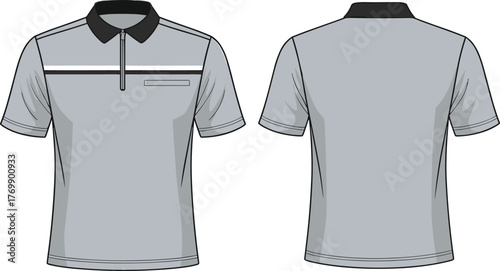 Modern polo shirt, light gray, black collar, white stripe, chest pocket, front and back view, casual wear, apparel design, fashion