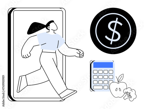 Woman stepping out from smartphone with dollar sign, calculator, apple, and broccoli nearby. Ideal for finance, health, budgeting, wellness technology lifestyle decision-making. Simple flat