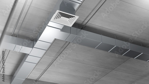 Foto Ventilation system ducts installed on ceiling, providing air conditioning, heating and airflow control for industrial or commercial building infrastructure