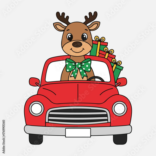 Cute reindeer driving red car with Christmas gifts, funny festive vector illustration for winter holiday cards.