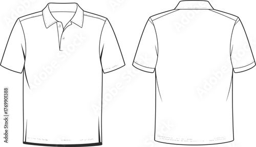 Polo shirt technical sketch, fashion flat drawing, garment design template, short sleeve top, front and back view, apparel illustration