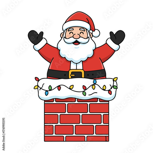 Santa Claus climbing out of chimney with Christmas lights, cute festive vector illustration for winter holiday cards and decorations.