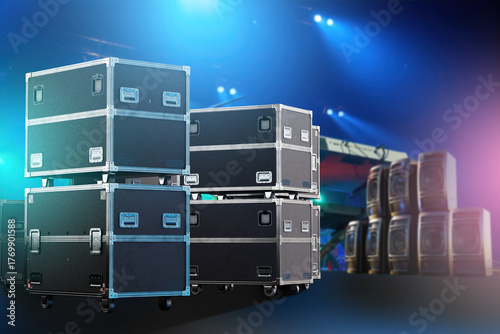 Foto Stacked transport flight cases with stage equipment under colorful spotlights, preparation and logistics for live concert or entertainment event