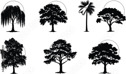 Tree silhouettes, willow, palm, conifer, deciduous, nature icons, forest design, botanical art, landscape elements, sun, moon, vector pack