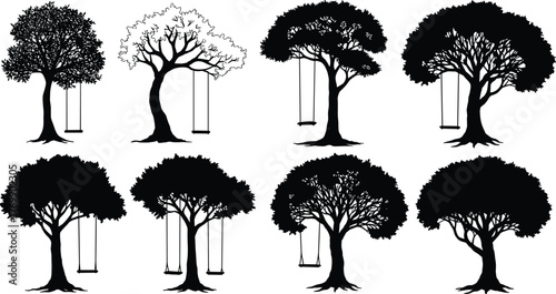 Tree swing silhouette, childhood nostalgia, nature illustration, black and white trees, outdoor play, whimsical forest, seasonal concept, decorative design, emotional scene