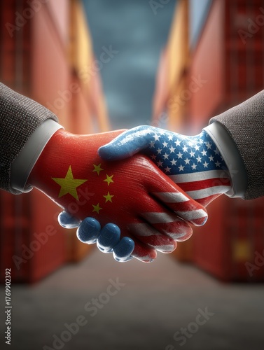 A handshake with Chinese and US flags symbolizes economic cooperation and trade interaction between China and the US.