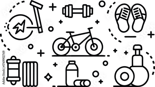 Bundle of 30 simple dynamic line icons representing fitness and exercise equipment vector graphics