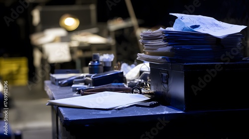 backstage. A table in the wings of a stage, stacked with bound scripts under dramatic lighting. event programs, museum guides, designed for cultural heritage projects and event programs.