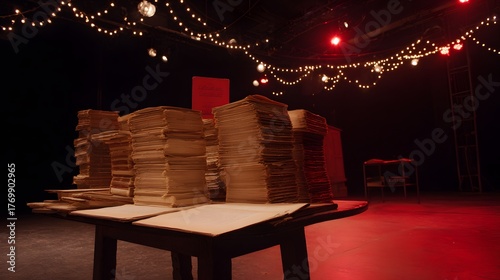 backstage. A table in the wings of a stage, stacked with bound scripts under dramatic lighting. event programs, museum guides, designed for cultural heritage projects and event programs.