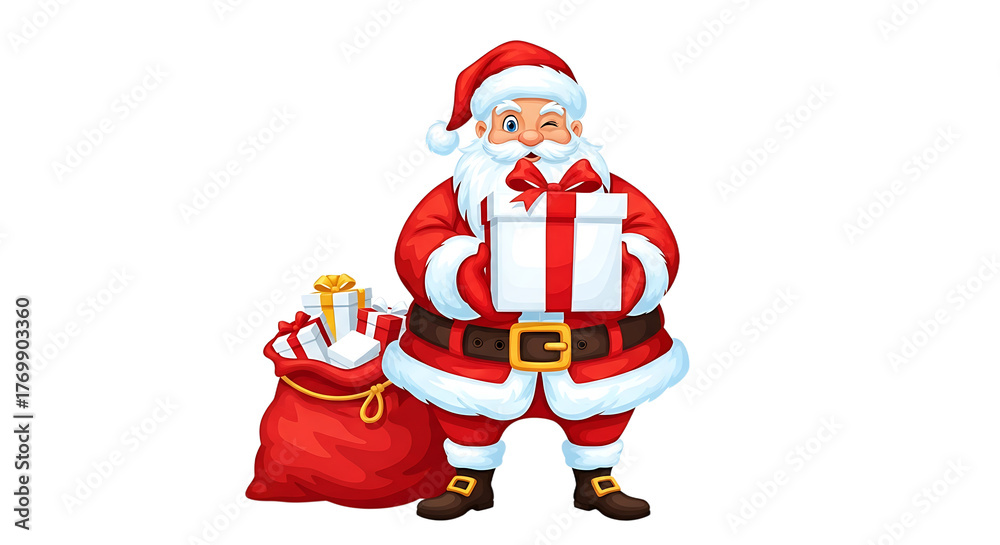 Obraz premium Cartoon Santa Claus with a red suit white fur trim and a sack of gifts.