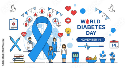Celebrating world diabetes day with a blue ribbon symbolizing awareness and support for a healthier future vector