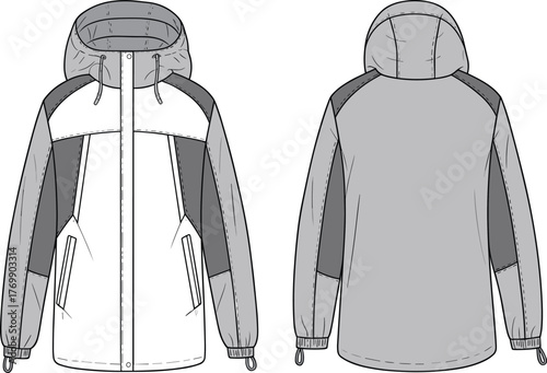 Technical fashion sketch, hooded jacket design, garment construction, streetwear apparel, zipper detail, elastic cuffs, back view, front view, layered panels