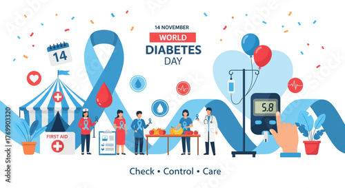 World diabetes day celebration awareness event promoting health screening education and prevention with medical professionals and participants vector