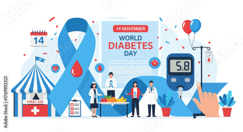 World diabetes day awareness campaign featuring blue ribbon symbol blood drop glucometer medical professionals and festive elements for global health education vector