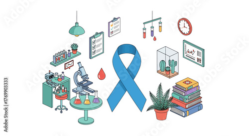Blue ribbon symbolizing diabetes awareness surrounded by scientific research and medical icons representing health and hope vector