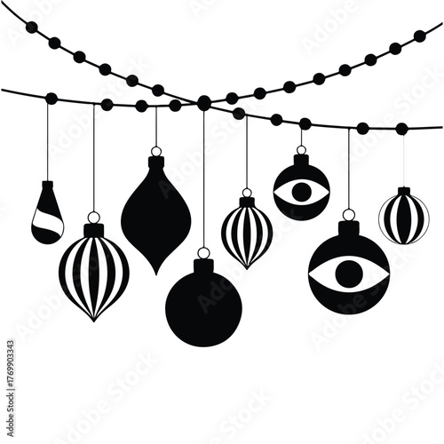 Hanging Christmas ornaments vector line art, festive baubles and decorations for holiday cards, banners, and design projects.