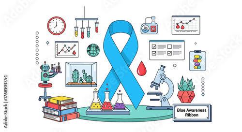 Blue ribbon symbolizing awareness and support for chronic illnesses diseases and health challenges with medical sketches and supplies vector