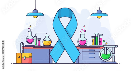 Blue awareness ribbon symbolizing hope and research in medical laboratory setting for cancer awareness vector