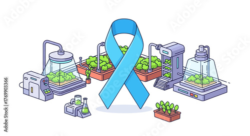 Blue awareness ribbon centers fresh produce arranged around medical equipment symbolizing health wellness diabetes prevention and healthy lifestyle choices vector