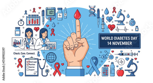 Medical science research and healthcare innovation hand holding up finger with dna symbol surrounded by icons vector