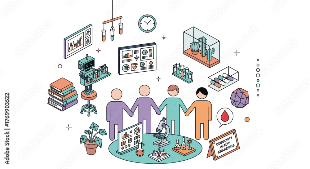 Obraz premium Diverse group of people holding hands in a colorful abstract isometric representation of a supportive community and collaborative workplace environment vector