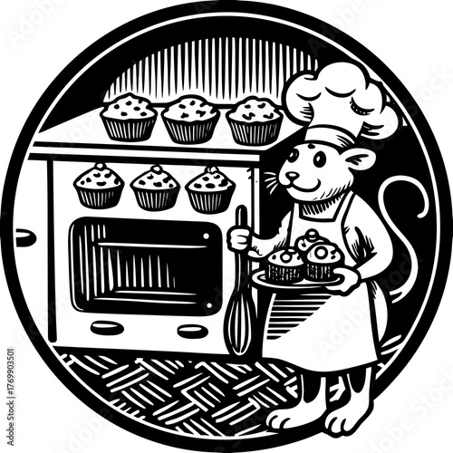 A mouse baker with a chefs hat presents freshly baked muffins in the kitchen