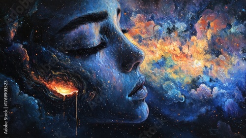 Cosmic woman portrait; nebula background; introspection; artistic use