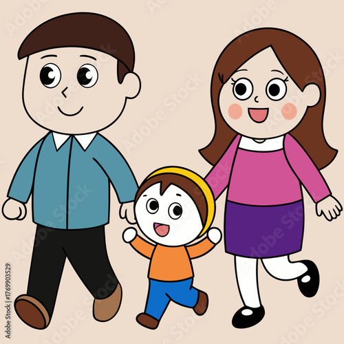 Cartoon family of three walking together