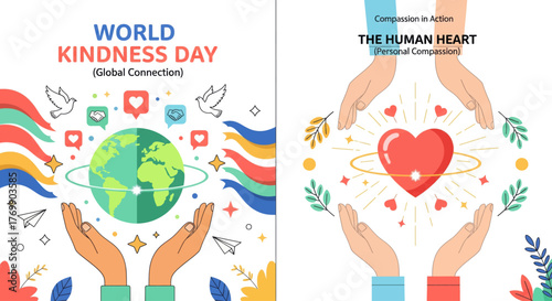 Global kindness celebration hands holding earth and heart celebrating world kindness day with diversity flags and icons of empathy unity and love vector